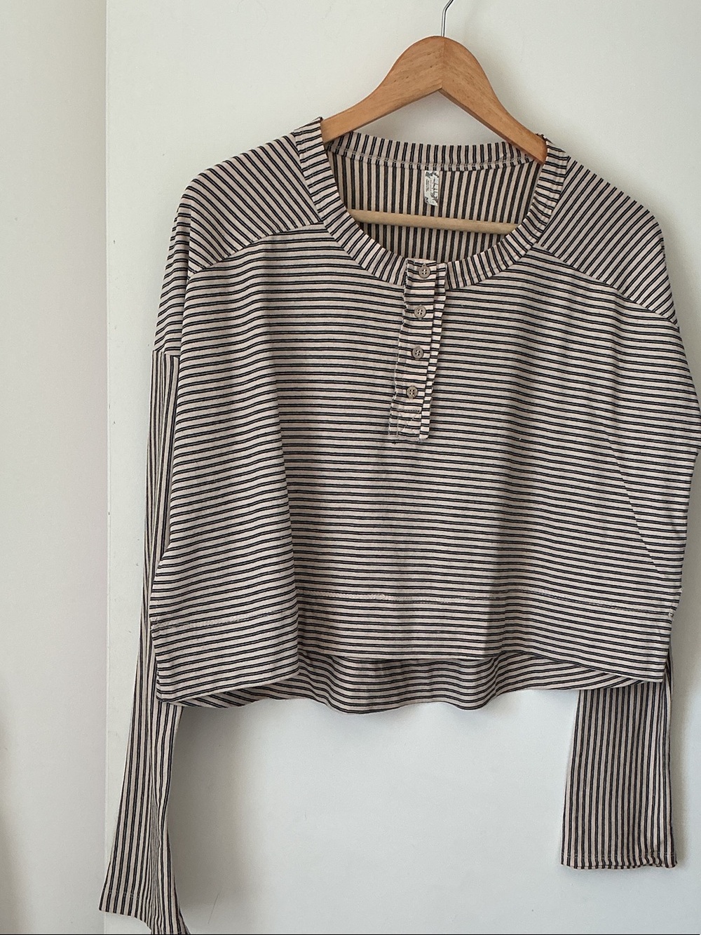 FREE PEOPLE Striped Long-Sleeve Henley Top in Cream and Black